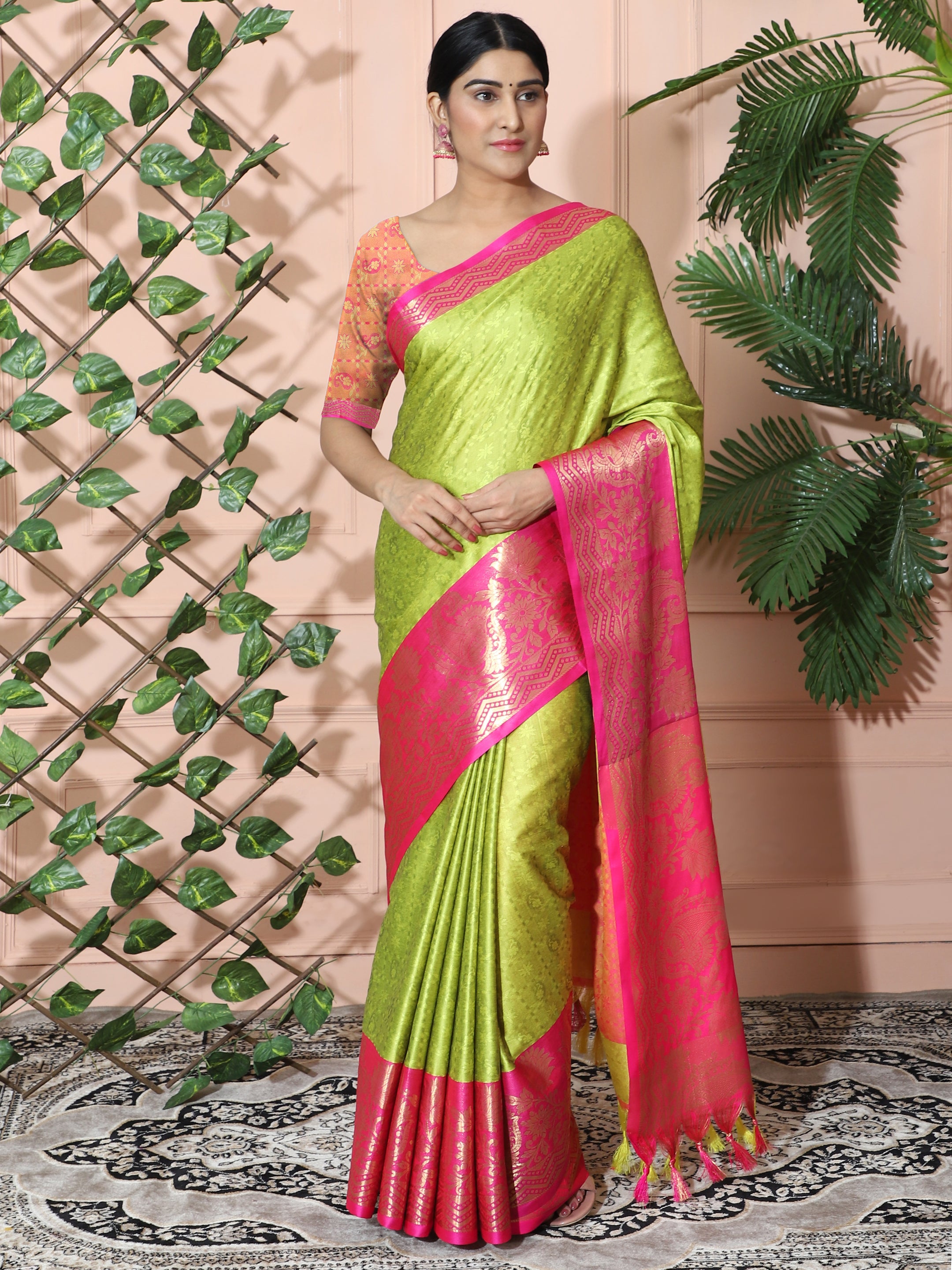 Light Yellow Pink Copper Design Cotton Silk Saree