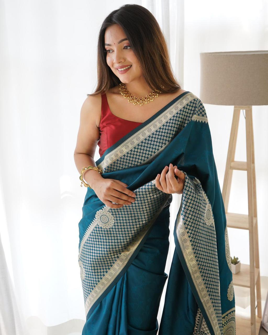 Aqua Blue Silver Design Boarder Mahi Pure Silk Saree