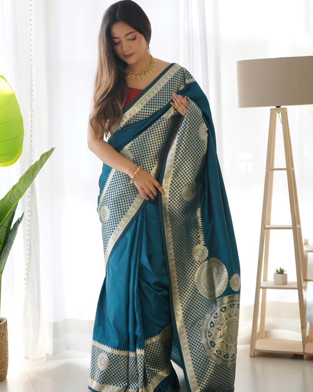 Aqua Blue Silver Design Boarder Mahi Pure Silk Saree