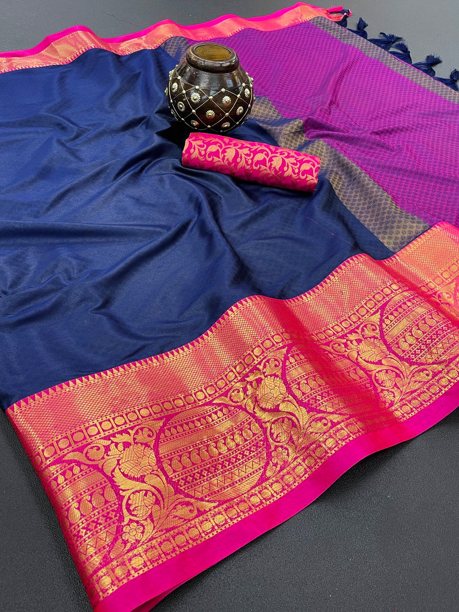 Blue Pink Golden Design Malvika Cotton Silk Saree