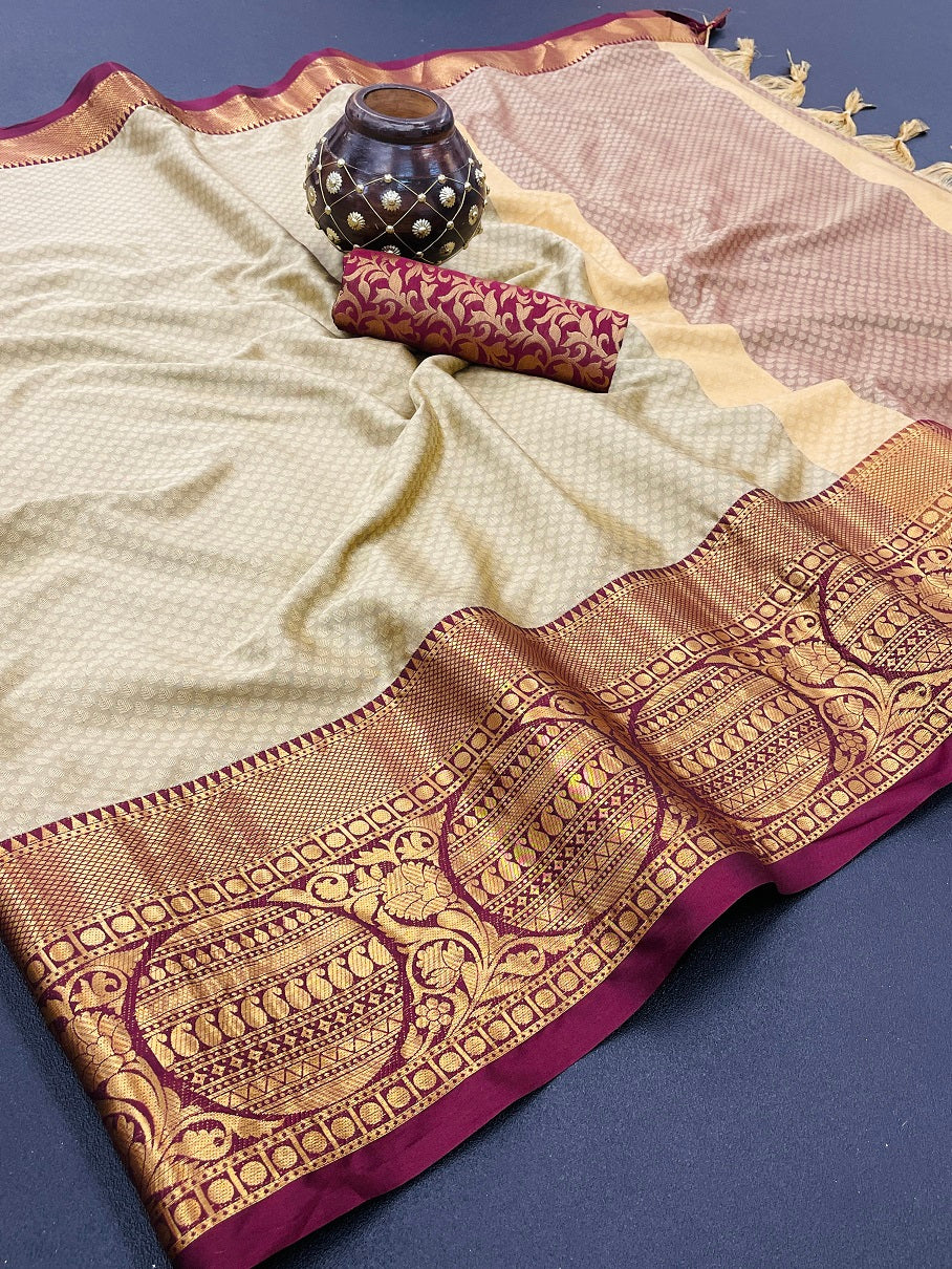 Chiku Browm Golden Design Malvika Cotton Silk Saree