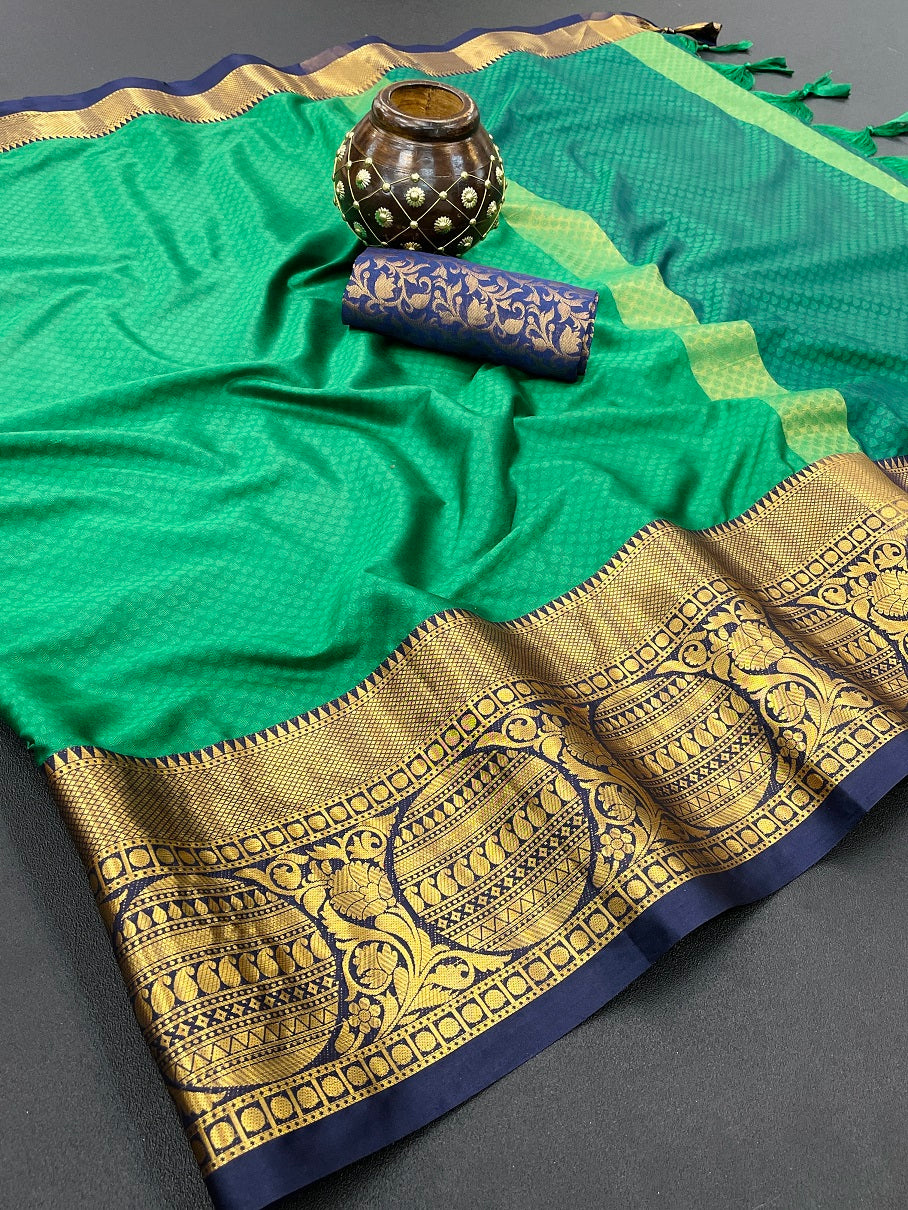 Dark Green Golden Design Malvika Cotton Silk Saree