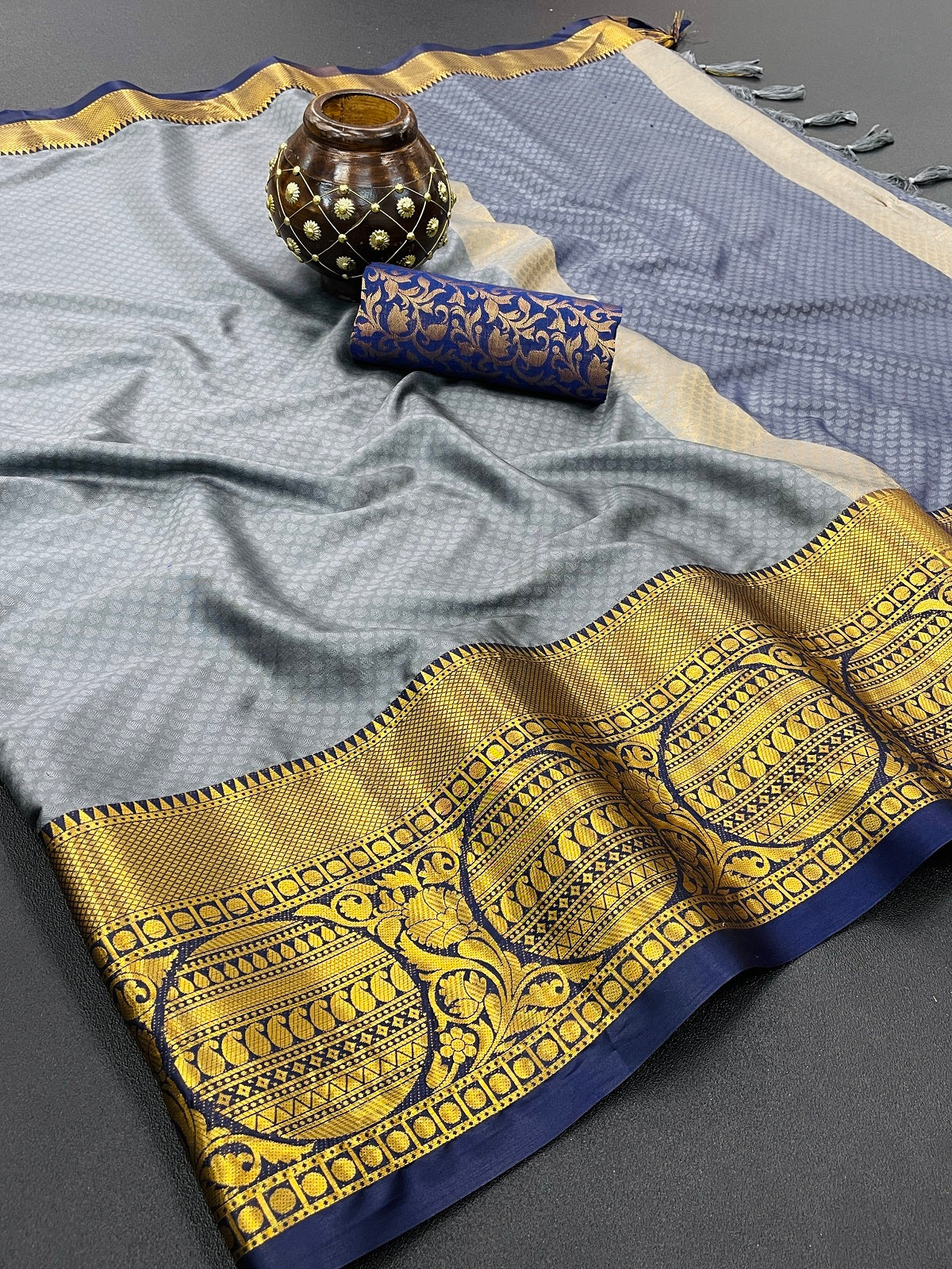 Grey Blue Golden Design Malvika Cotton Silk Saree