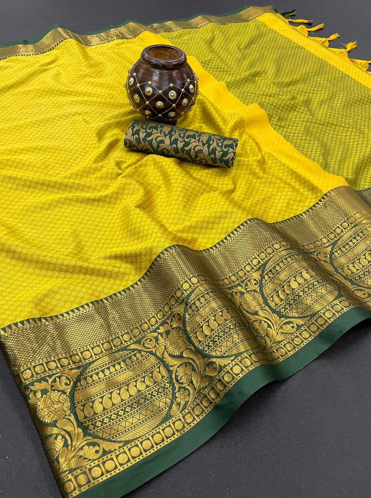 Lemon Green Golden Design Malvika Cotton Silk Saree