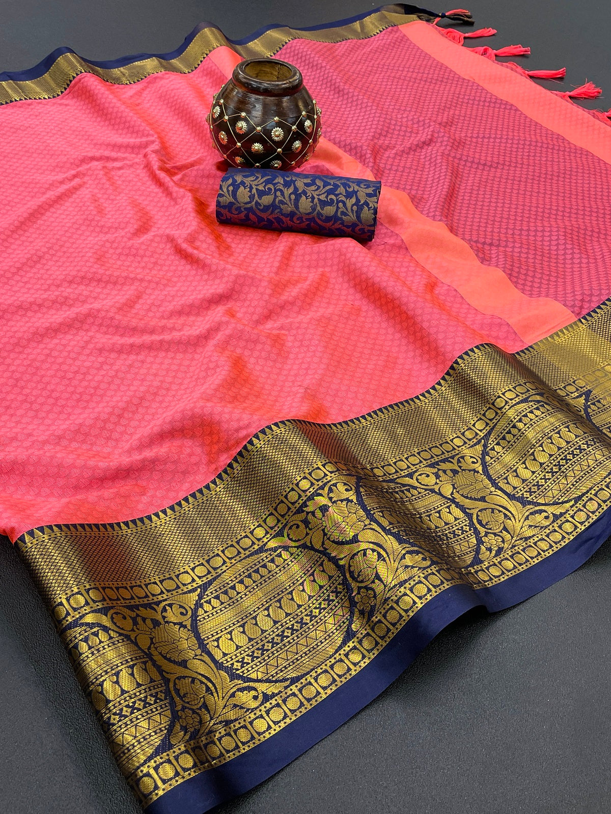 Light Pink Blue Golden Design Malvika Cotton Silk Saree