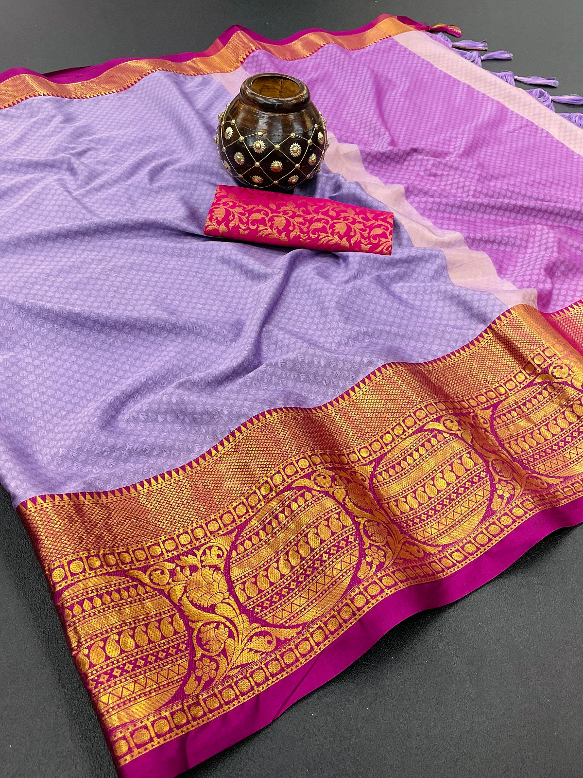 Lavender Pink Golden Design Malvika Cotton Silk Saree