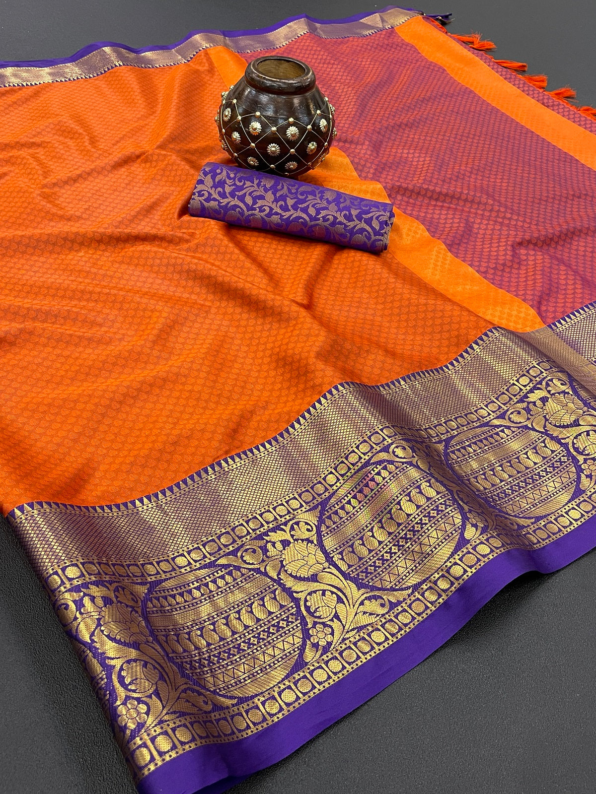 Orange Purple Golden Design Malvika Cotton Silk Saree