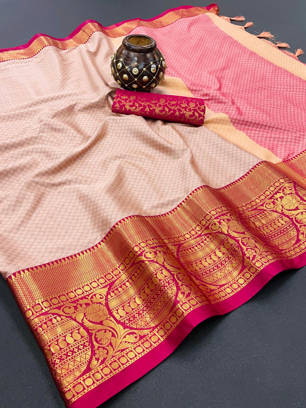 Peach Pink Golden Design Malvika Cotton Silk Saree