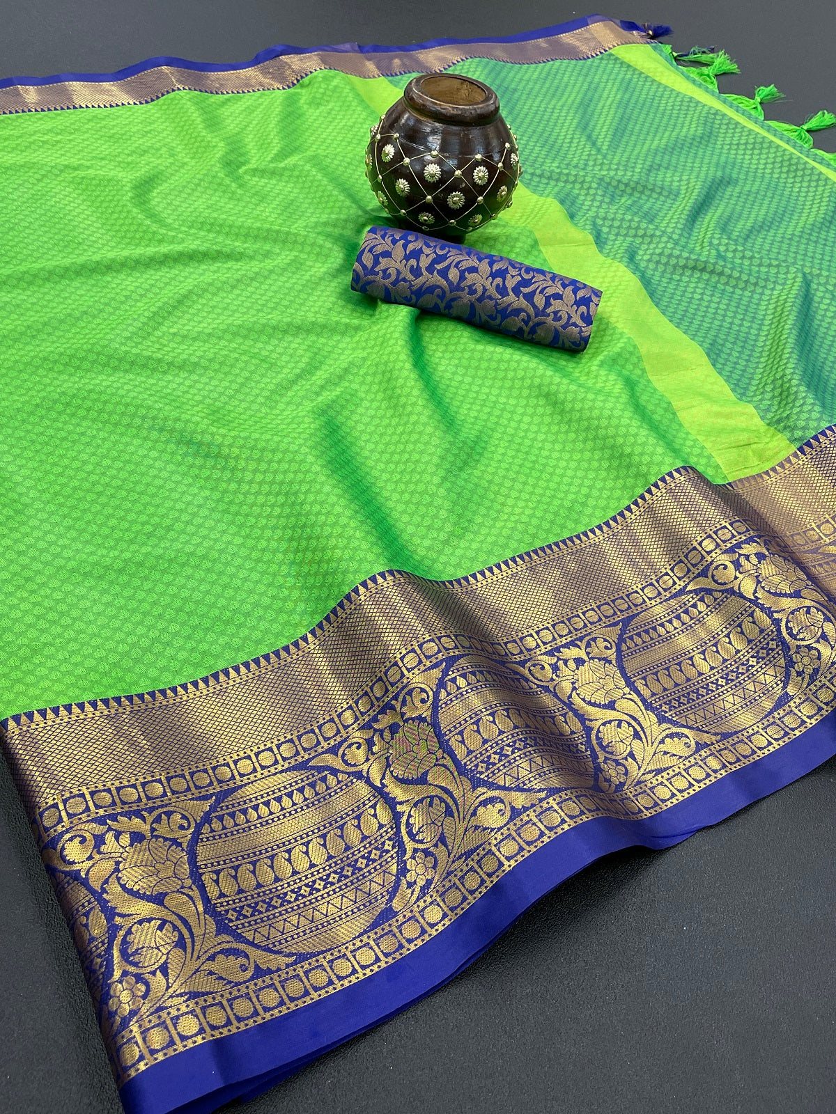 Perrot Blue Golden Design Malvika Cotton Silk Saree