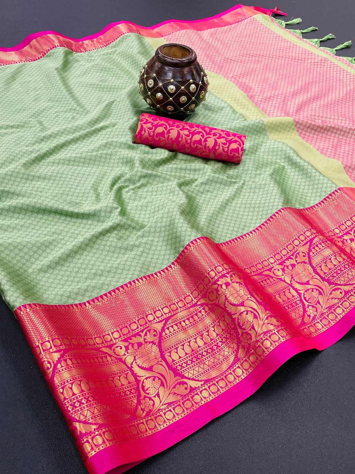 Pista Pink Golden Design Malvika Cotton Silk Saree