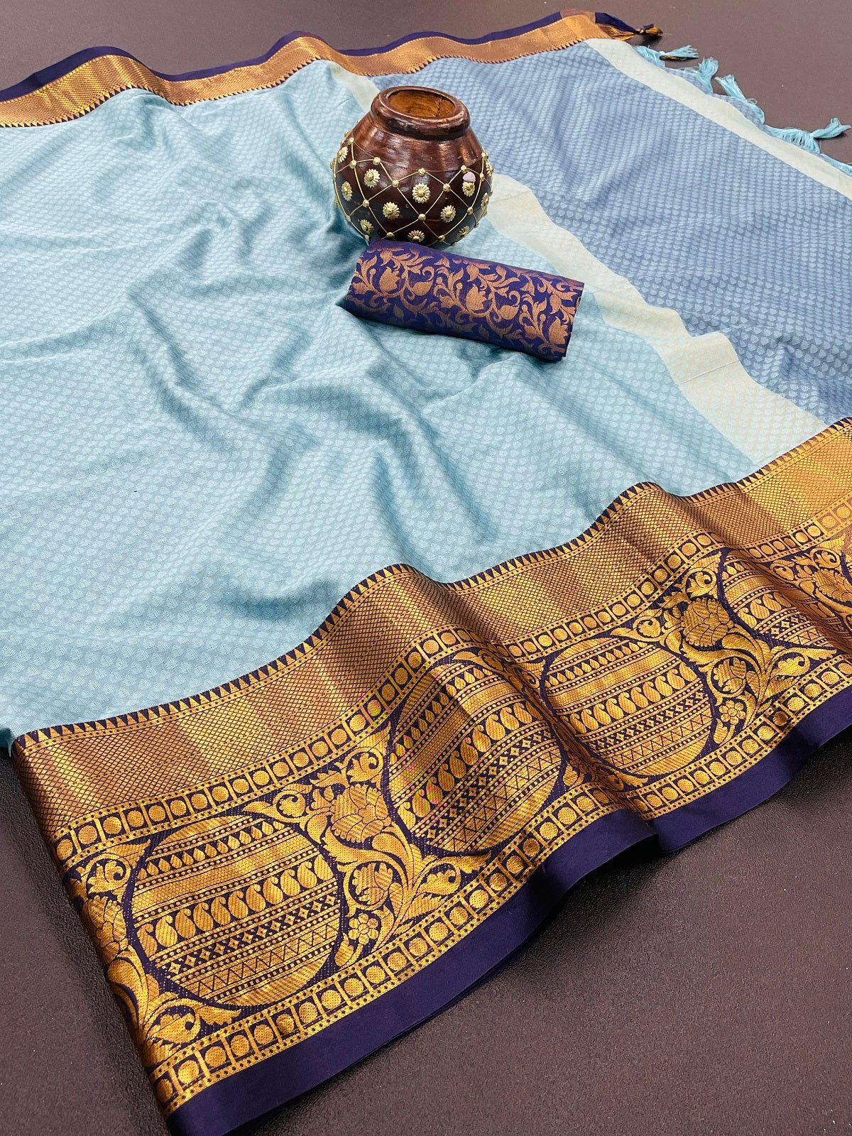 Sky Blue Golden Design Malvika Cotton Silk Saree