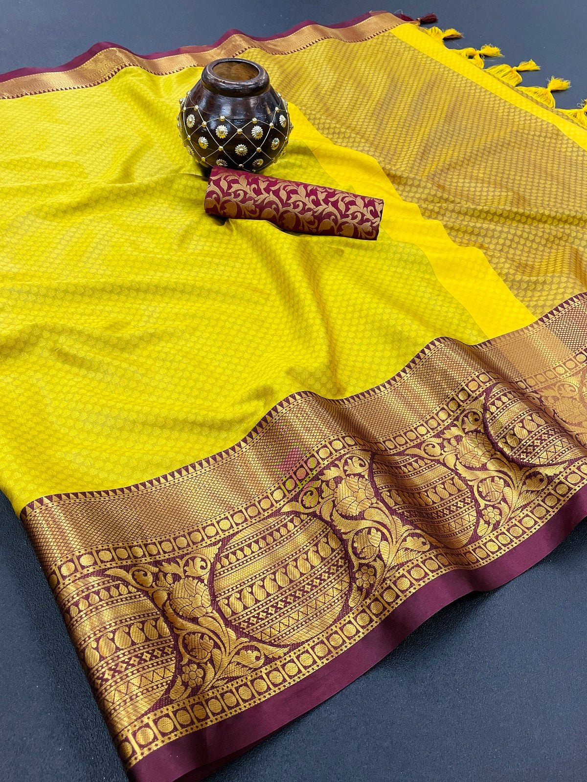 Yellow Brown Golden Design Malvika Cotton Silk Saree