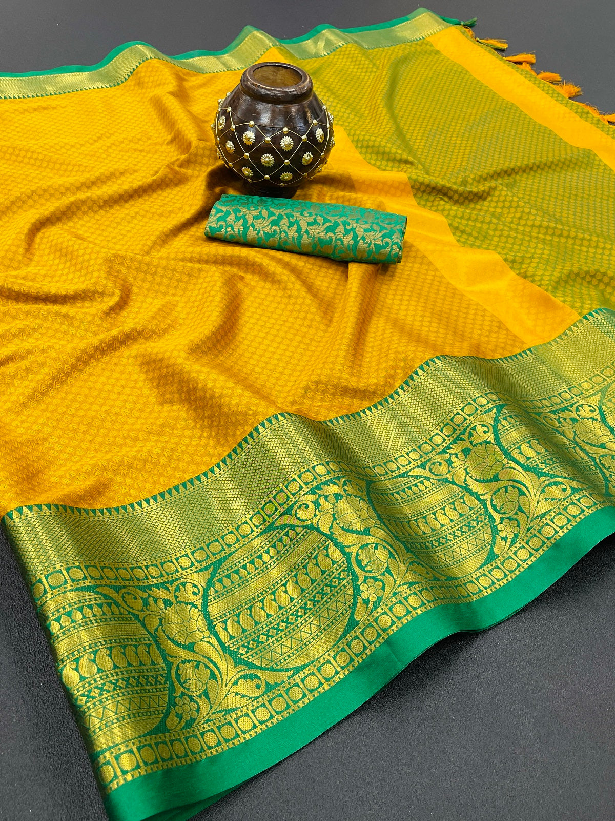 Yellow Green Golden Design Malvika Cotton Silk Saree