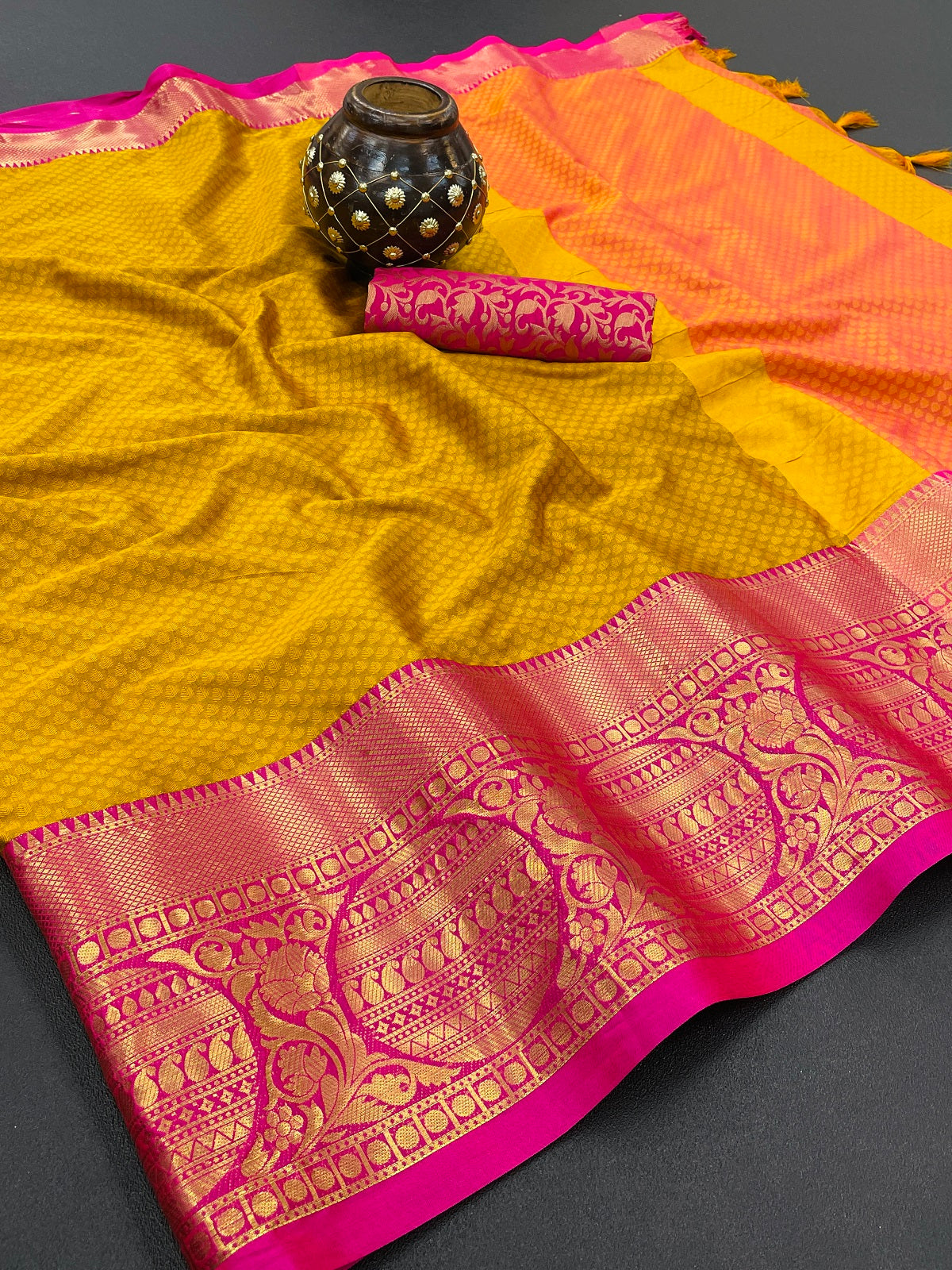 Yellow Pink Golden Design Malvika Cotton Silk Saree