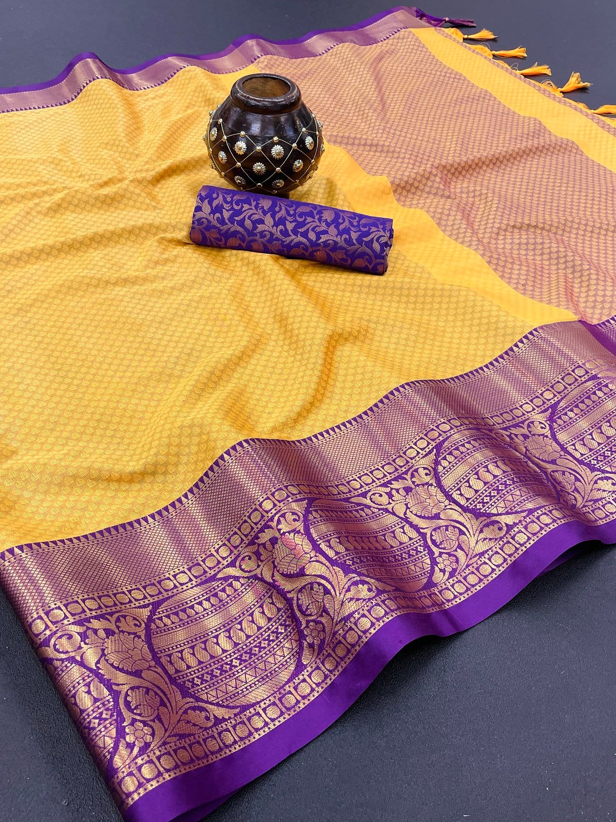 Yellow Purple Golden Design Malvika Cotton Silk Saree