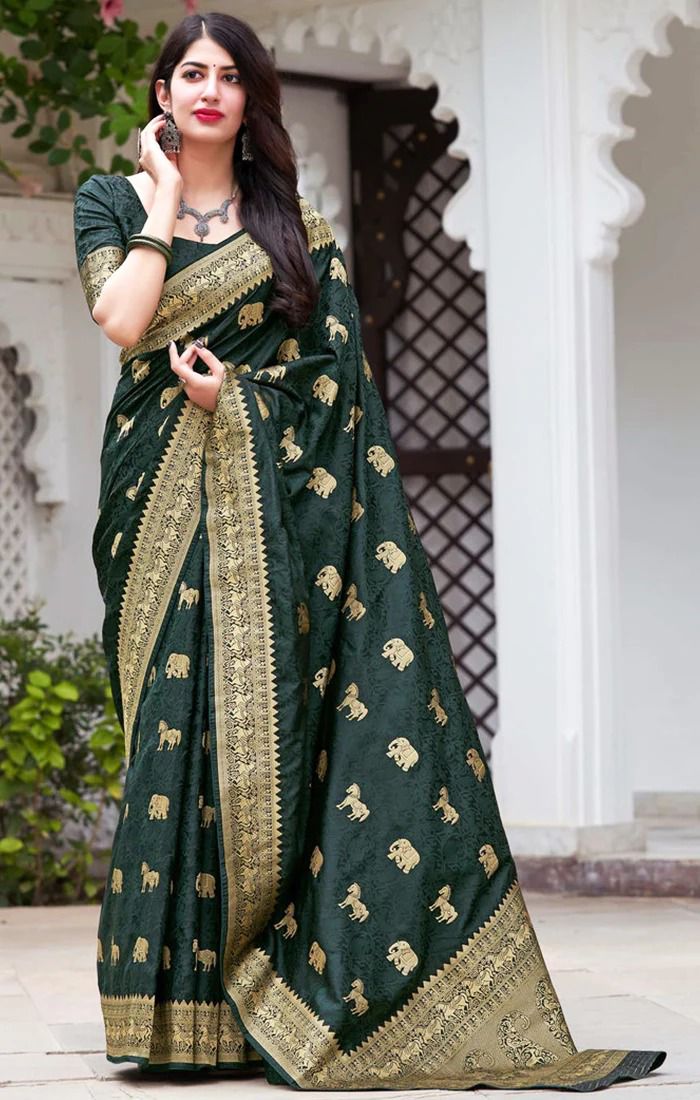 Dark Green Copper Design Boarder Manjuuba Pure Silk Saree