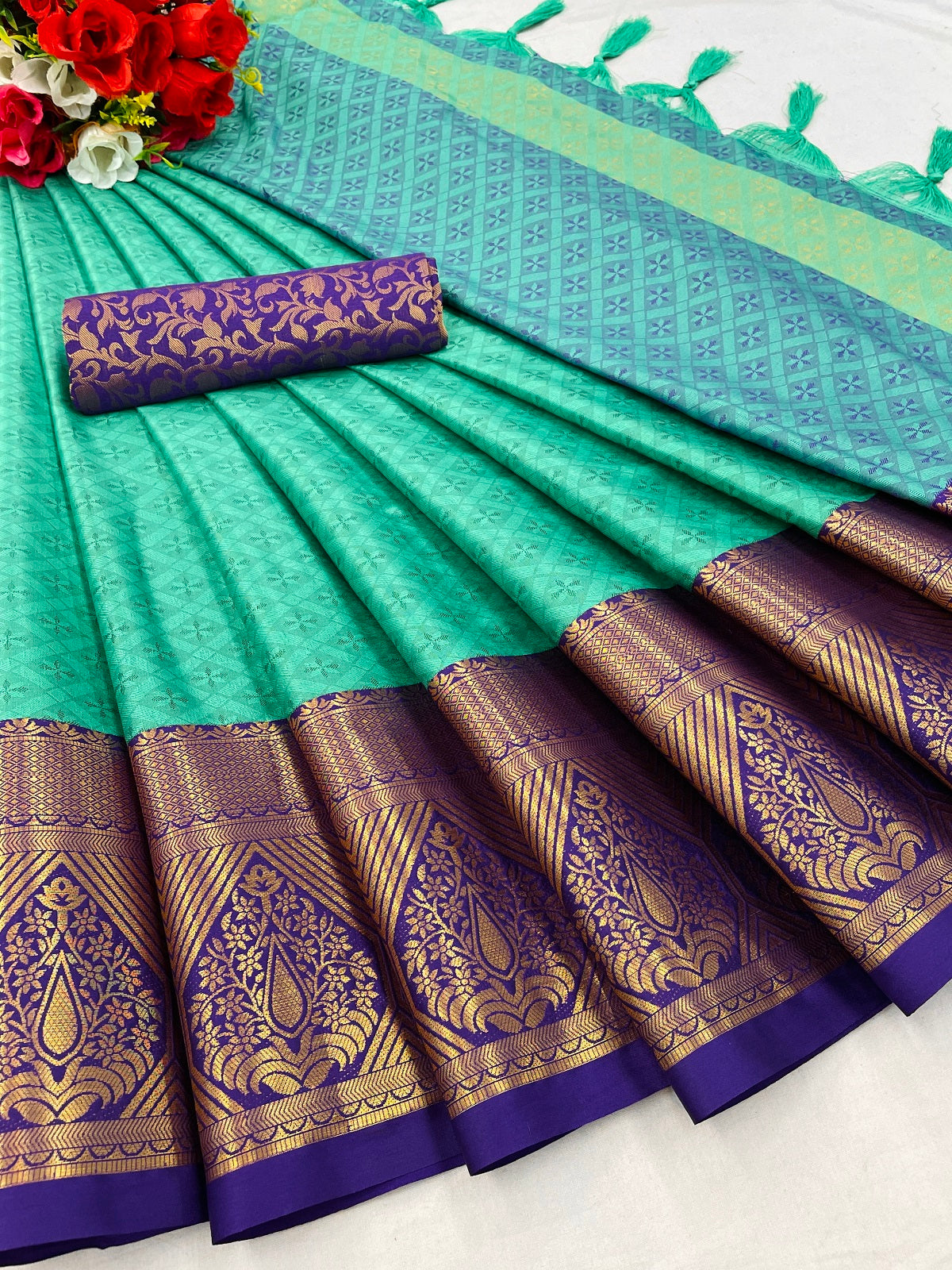 Aqua Blue Golden Design Marvel Cotton Silk Saree