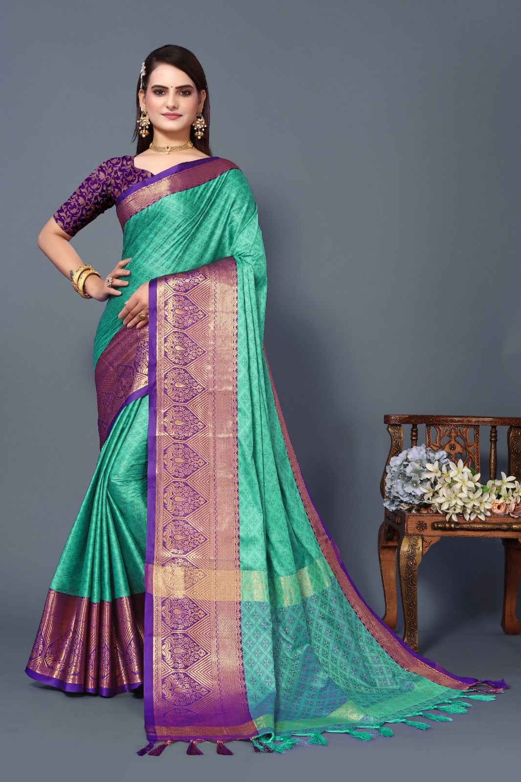 Aqua Blue Golden Design Marvel Cotton Silk Saree