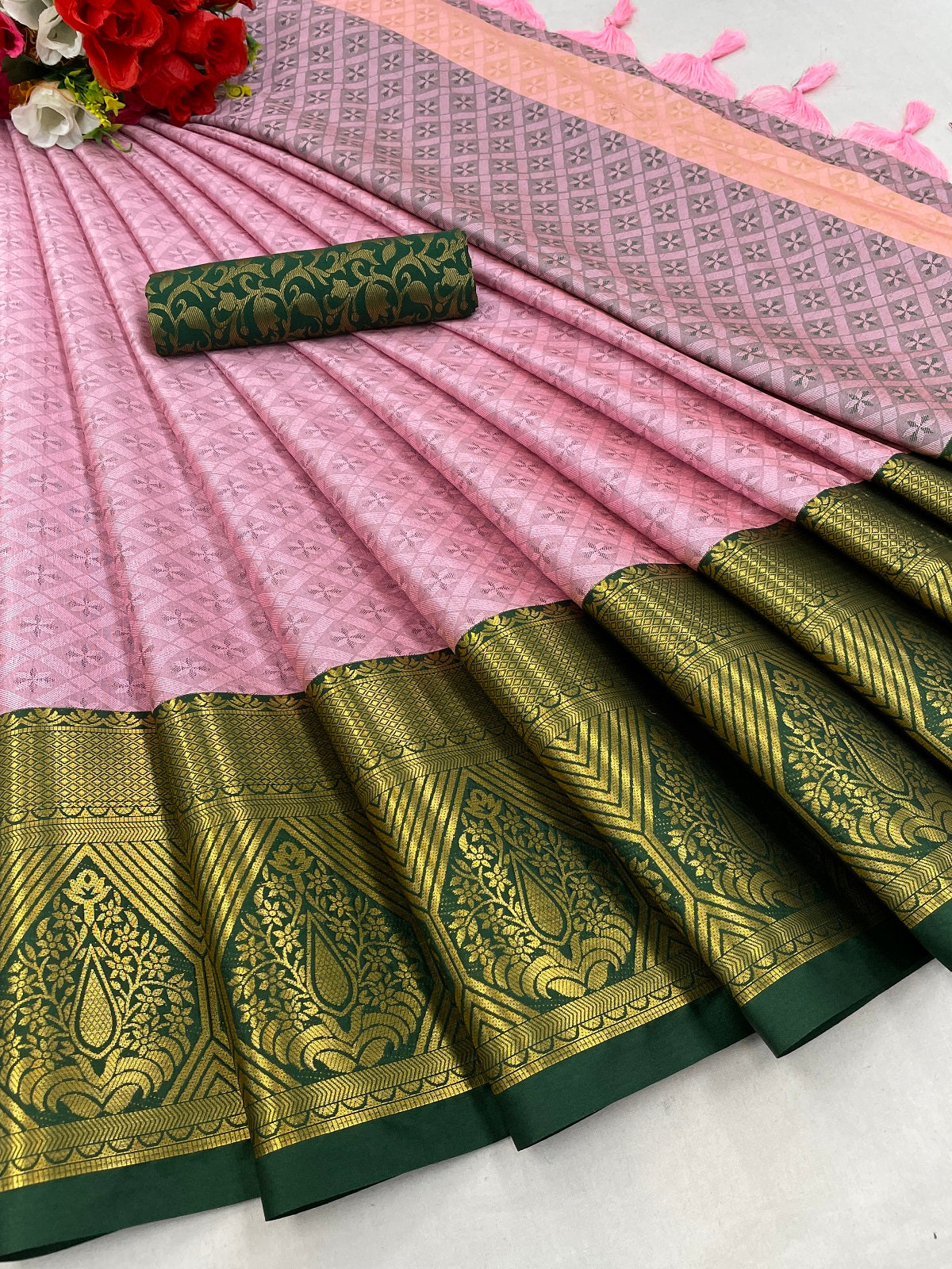 Baby Pink Green Golden Design Marvel Cotton Silk Saree