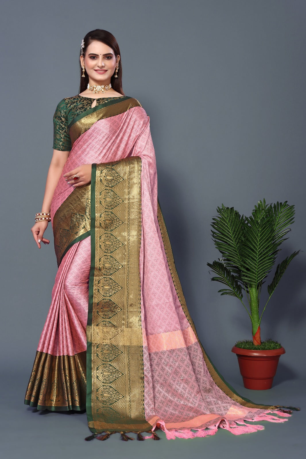 Baby Pink Green Golden Design Marvel Cotton Silk Saree