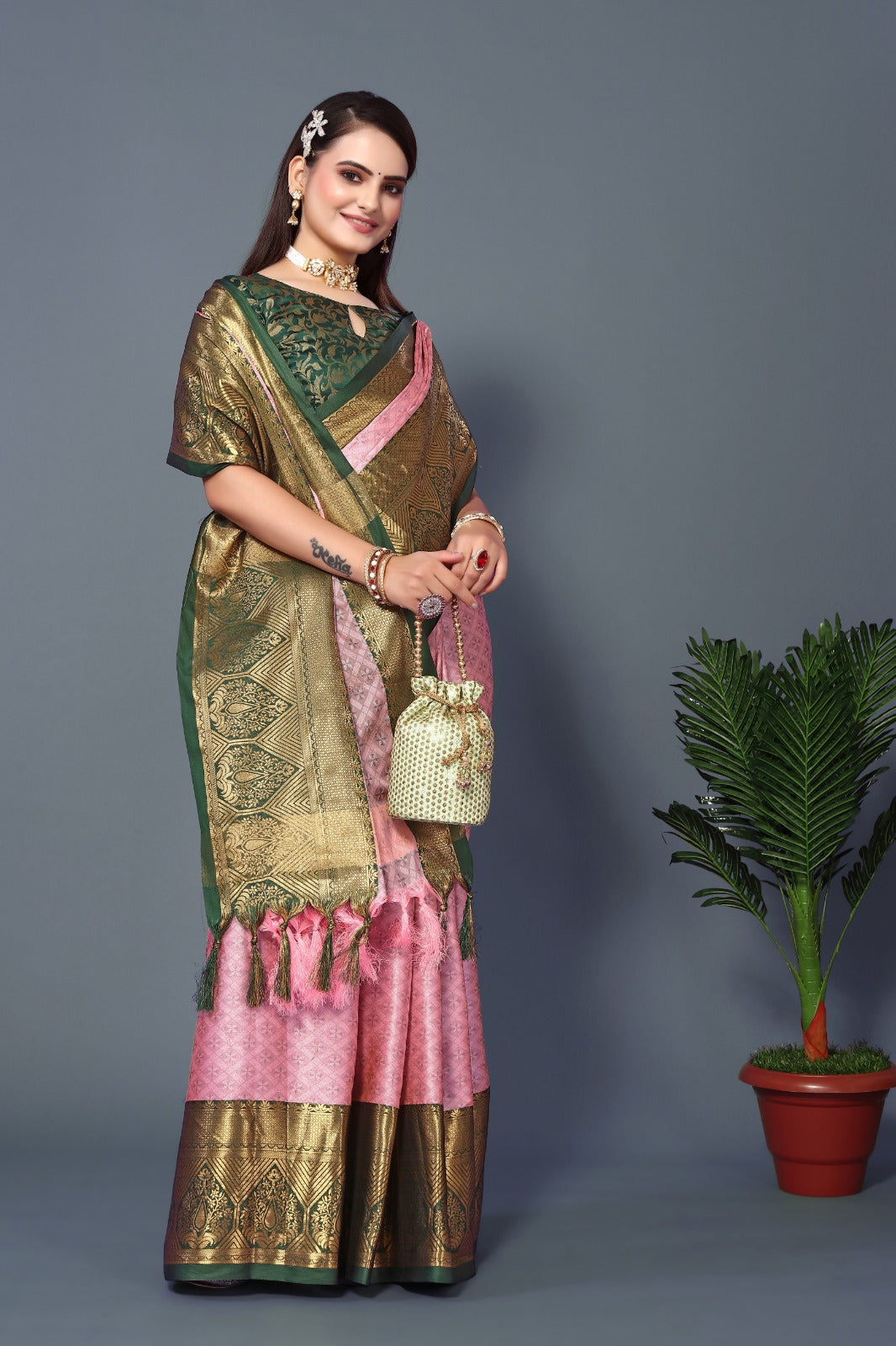 Baby Pink Green Golden Design Marvel Cotton Silk Saree