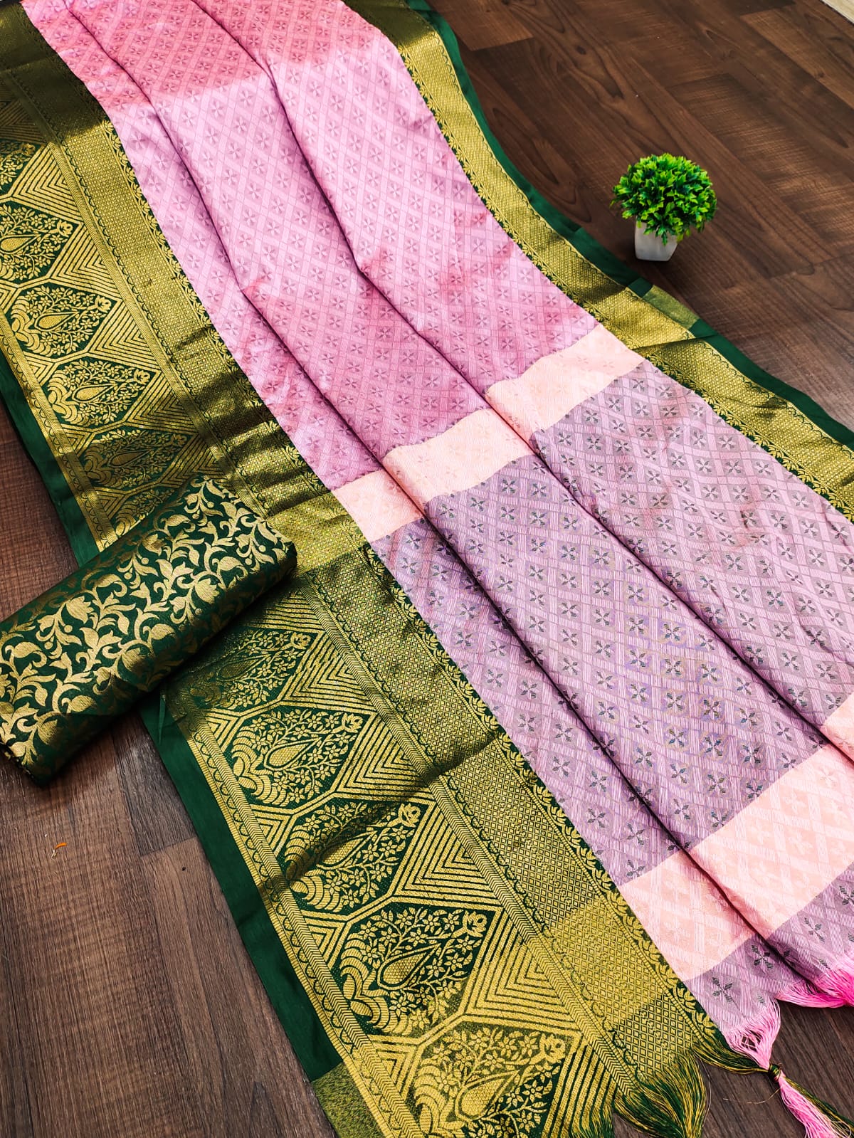 Baby Pink Green Golden Design Marvel Cotton Silk Saree