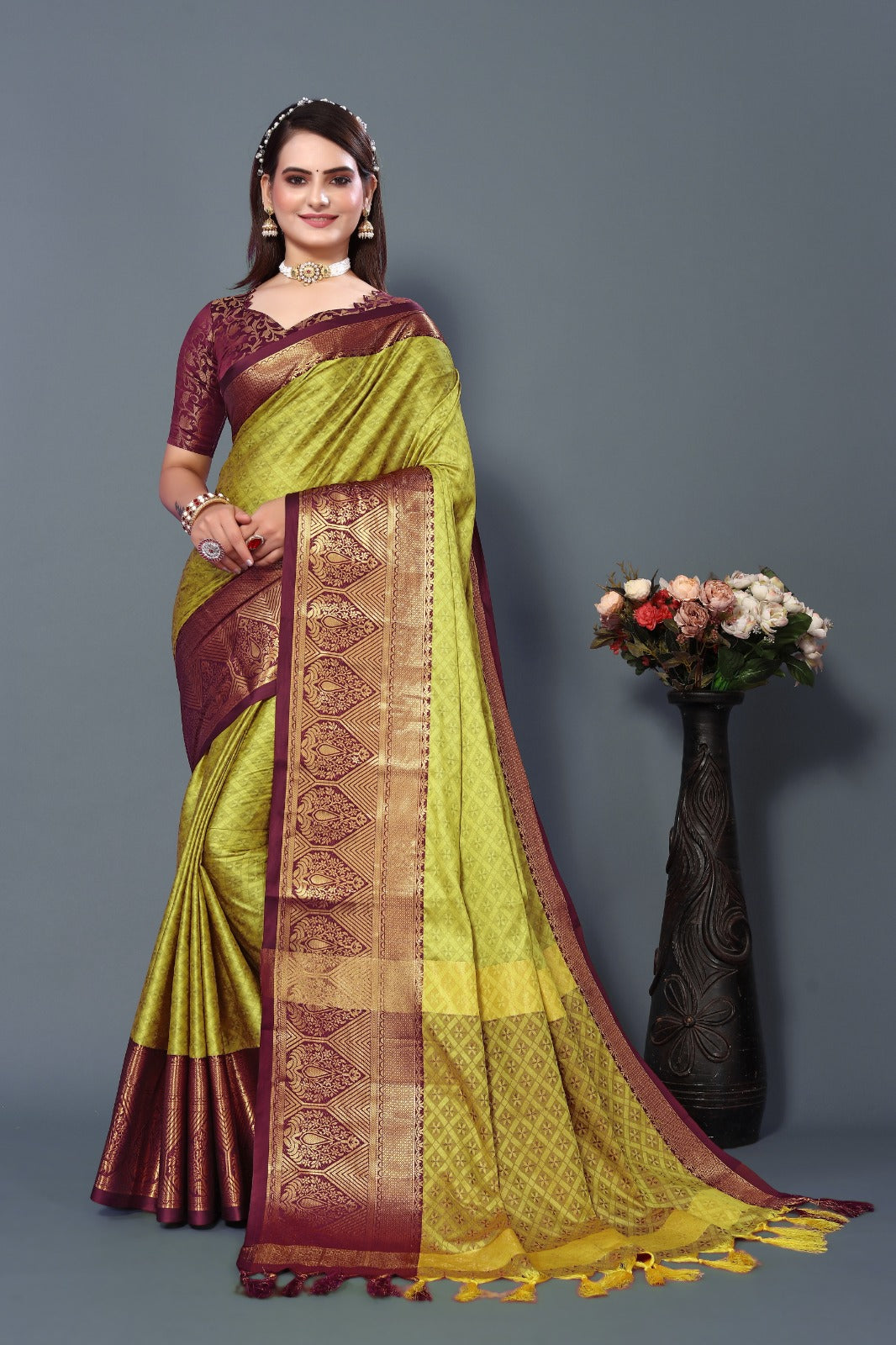 Lemon Brown Golden Design Marvel Cotton Silk Saree