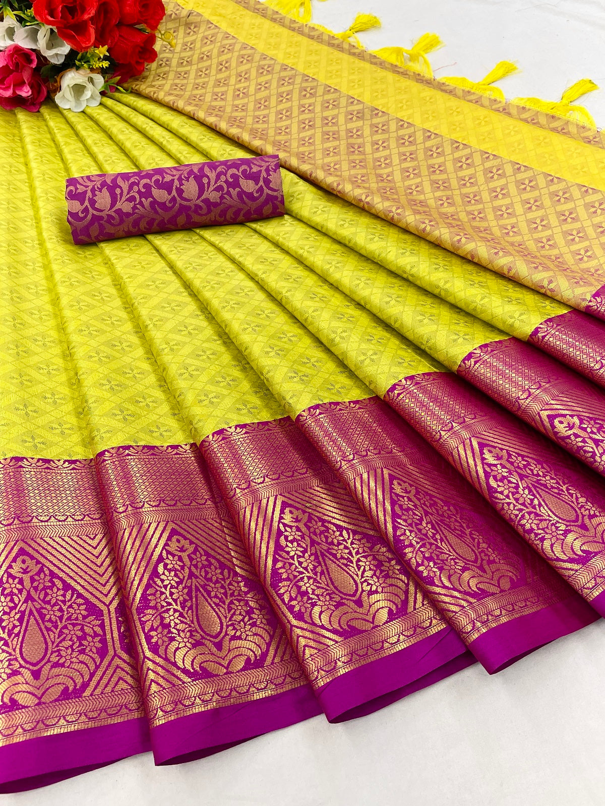 Lemon Dark Pink Golden Design Marvel Cotton Silk Saree