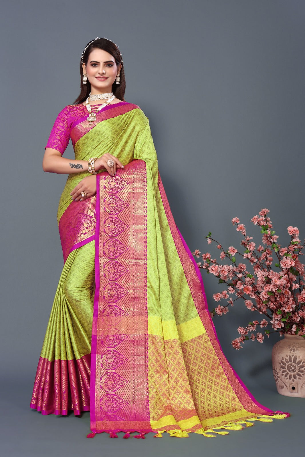 Lemon Dark Pink Golden Design Marvel Cotton Silk Saree