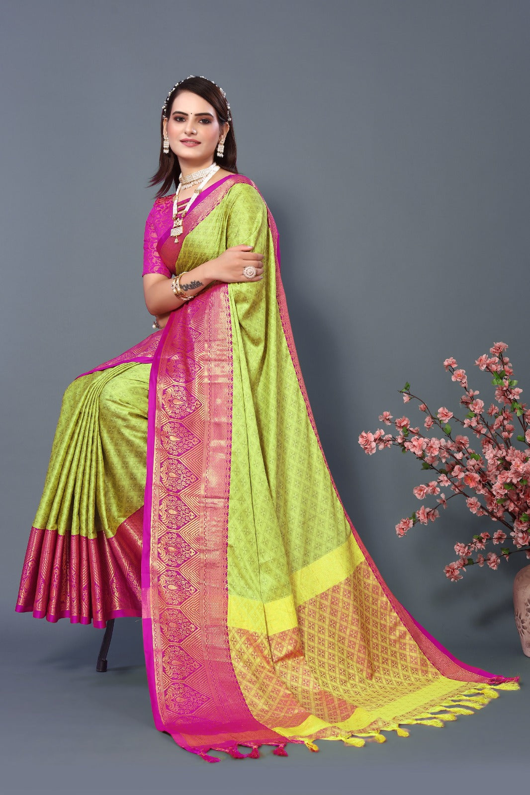 Lemon Dark Pink Golden Design Marvel Cotton Silk Saree