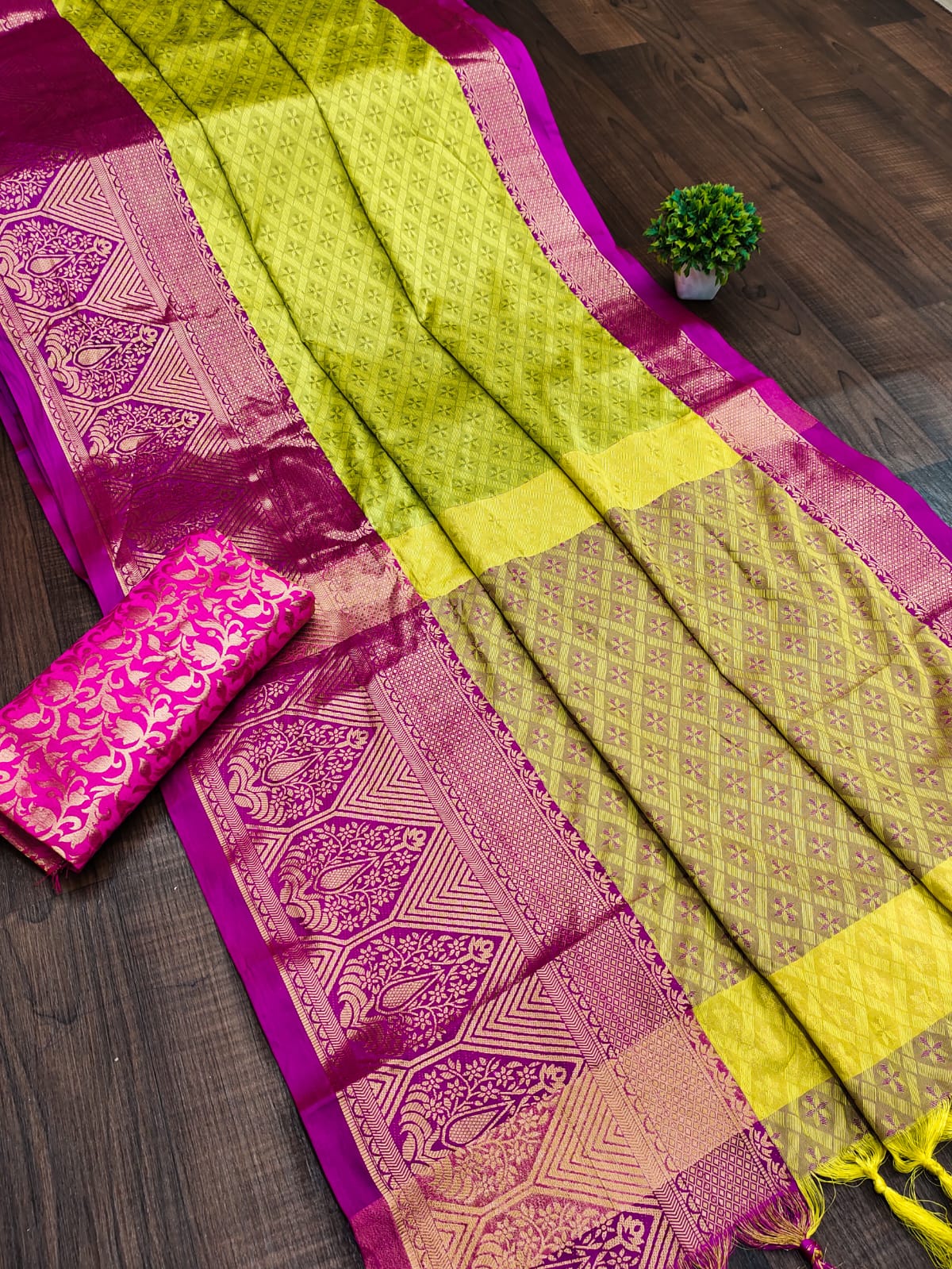 Lemon Dark Pink Golden Design Marvel Cotton Silk Saree