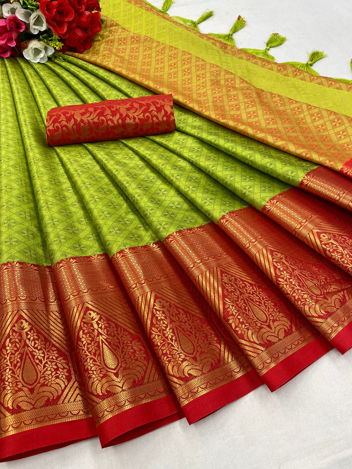 Lemon Red Golden Design Marvel Cotton Silk Saree