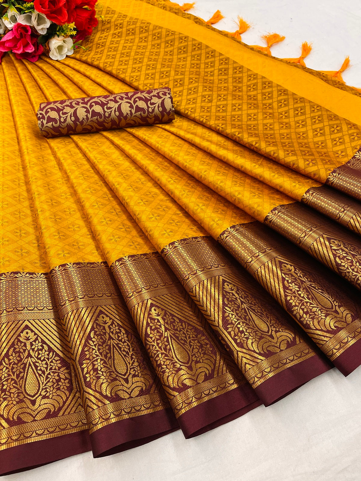 Mustard Brown Golden Design Marvel Cotton Silk Saree