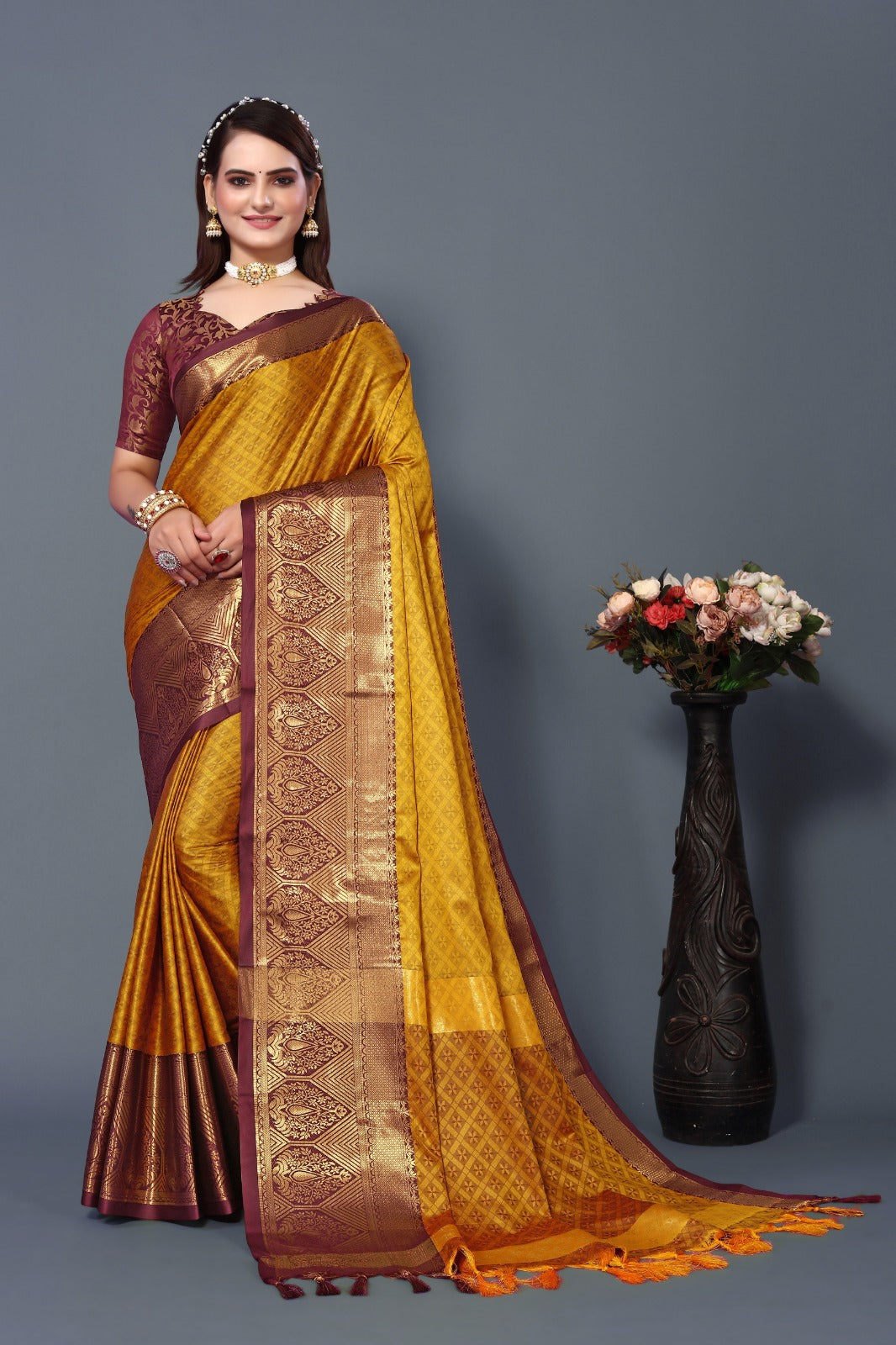 Mustard Brown Golden Design Marvel Cotton Silk Saree