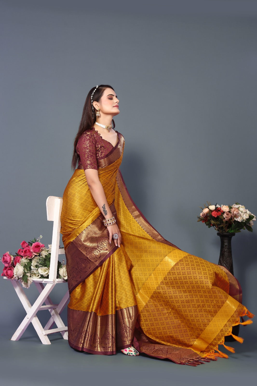 Mustard Brown Golden Design Marvel Cotton Silk Saree