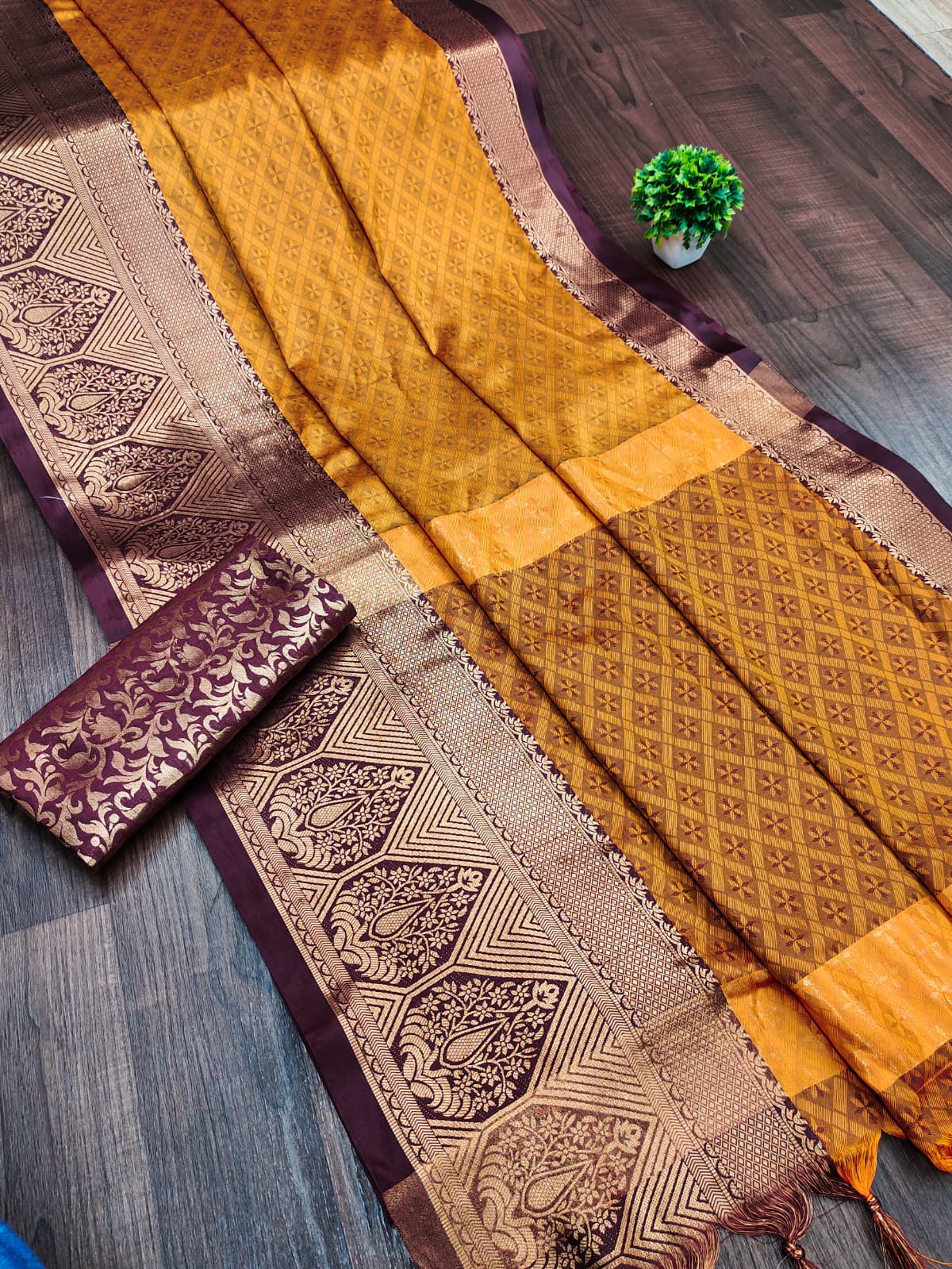 Mustard Brown Golden Design Marvel Cotton Silk Saree