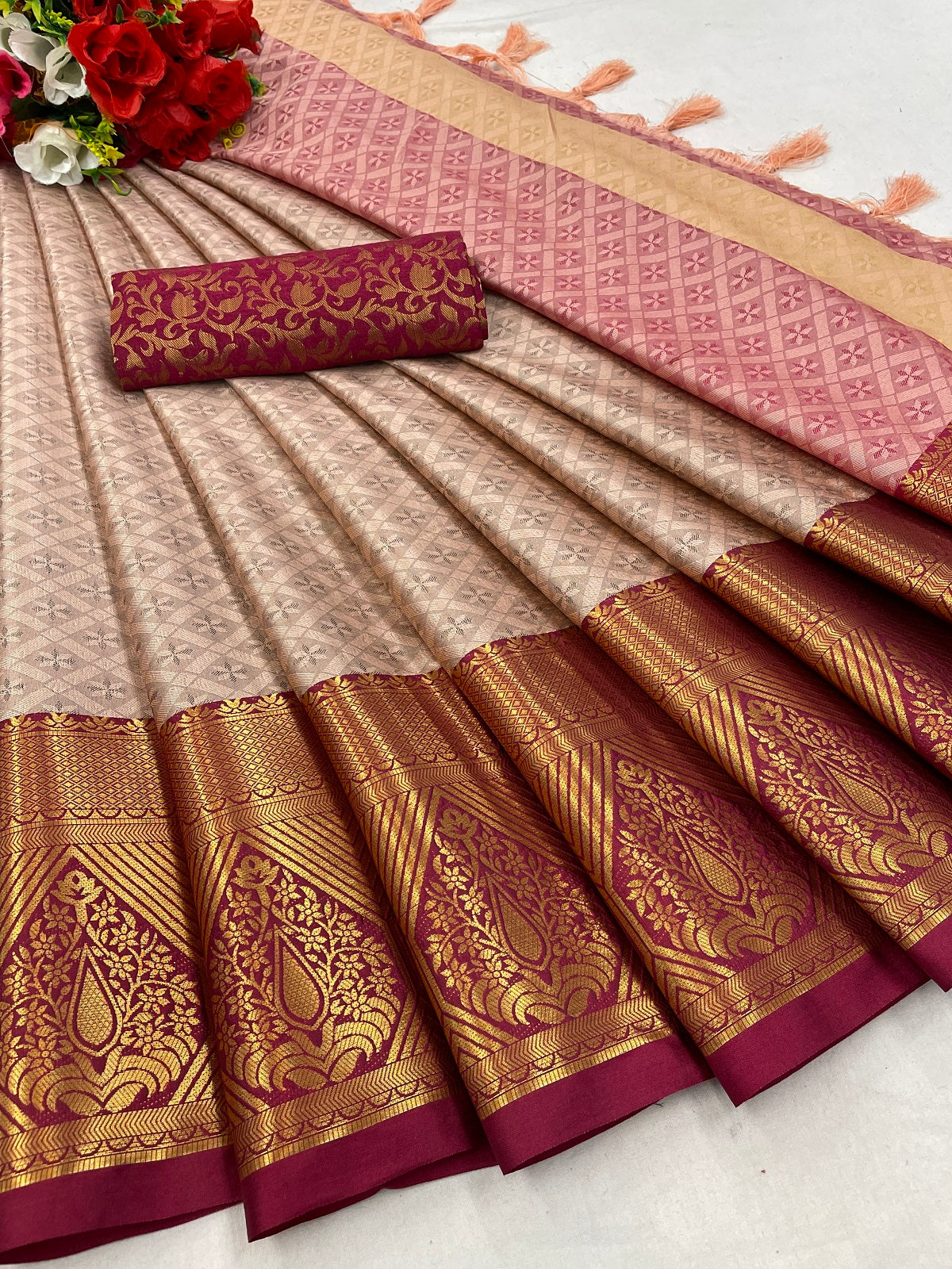 Mustard Brown Golden Design Marvel Cotton Silk Saree