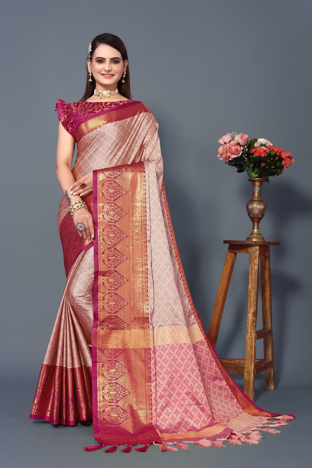 Peach Red Golden Design Marvel Cotton Silk Saree