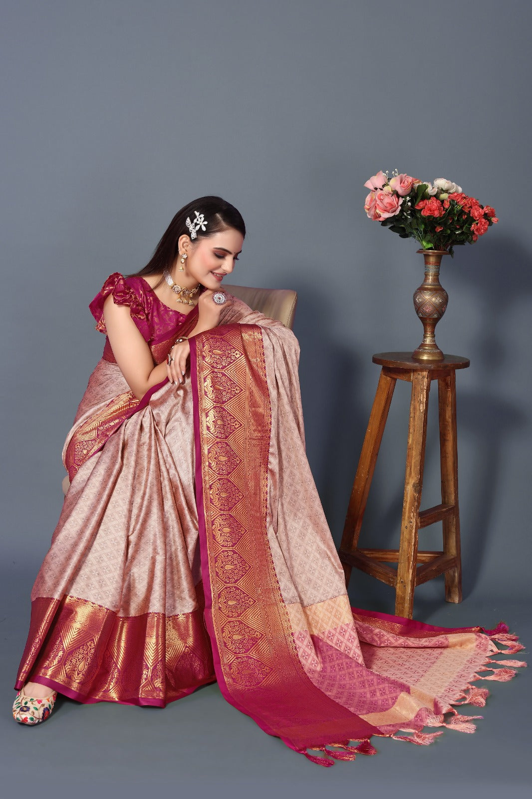 Peach Red Golden Design Marvel Cotton Silk Saree