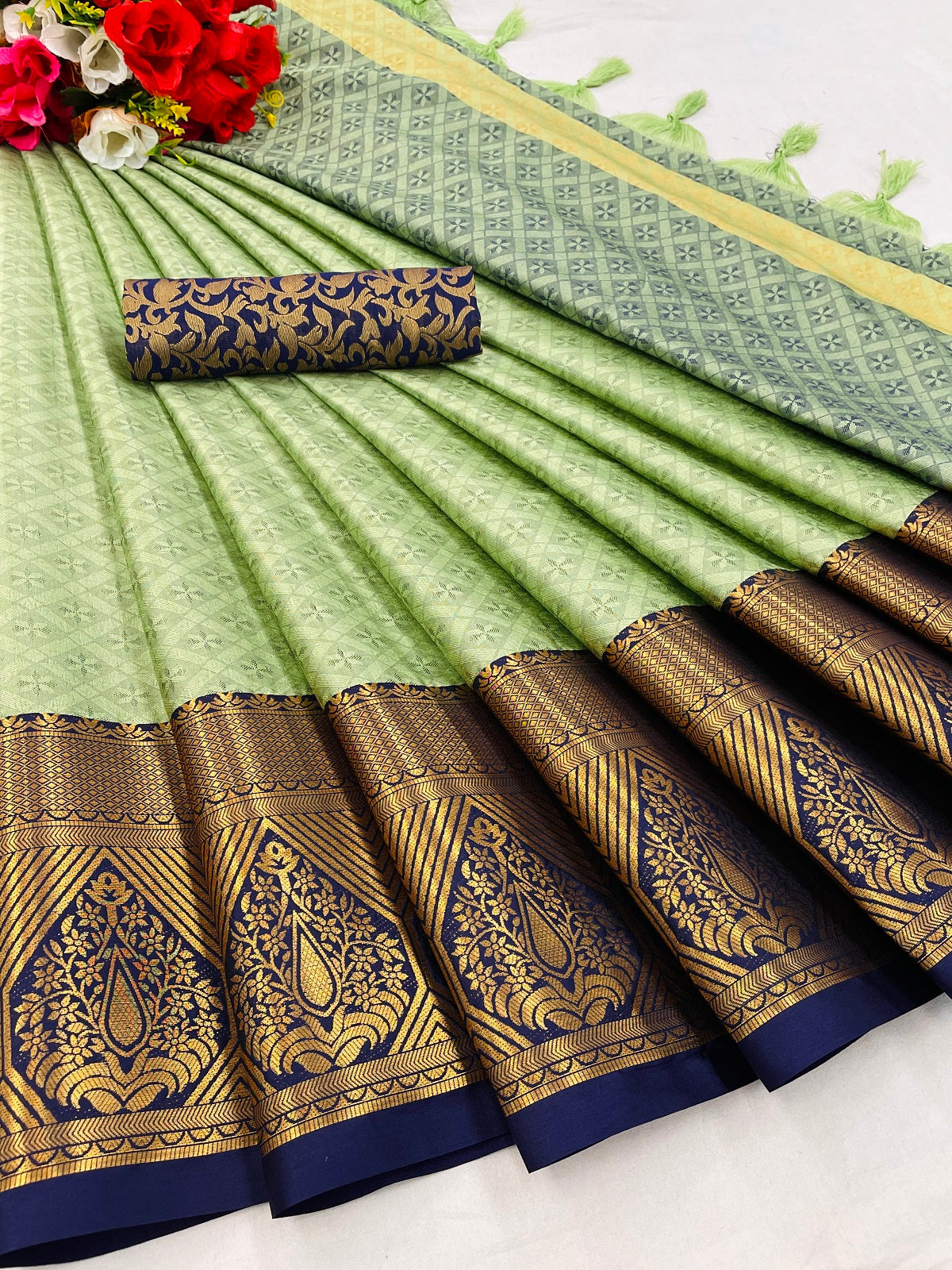 Pista Blue Golden Design Marvel Cotton Silk Saree