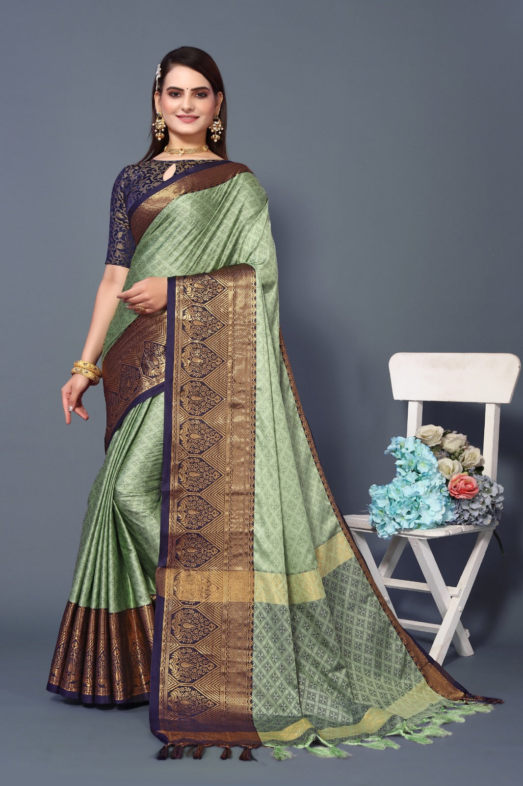 Pista Blue Golden Design Marvel Cotton Silk Saree