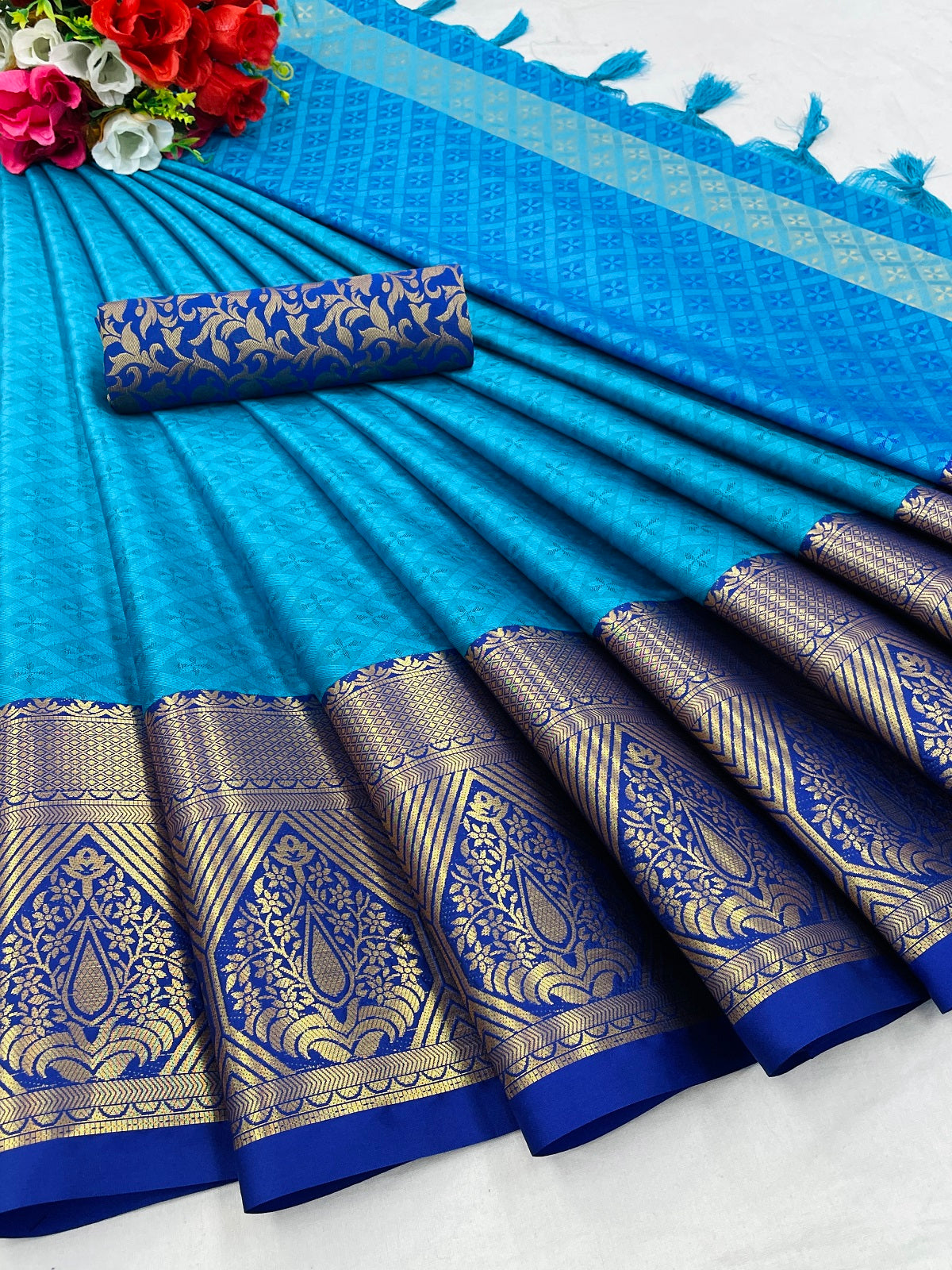 Sky Blue Golden Design Marvel Cotton Silk Saree