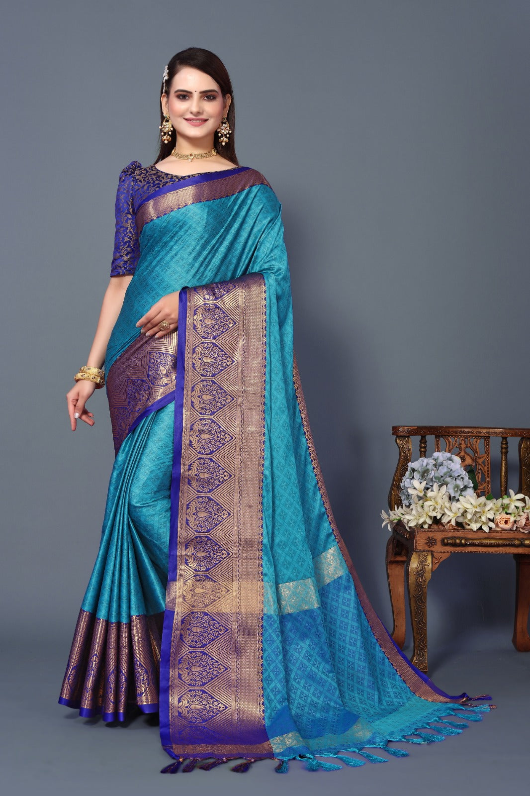 Sky Blue Golden Design Marvel Cotton Silk Saree