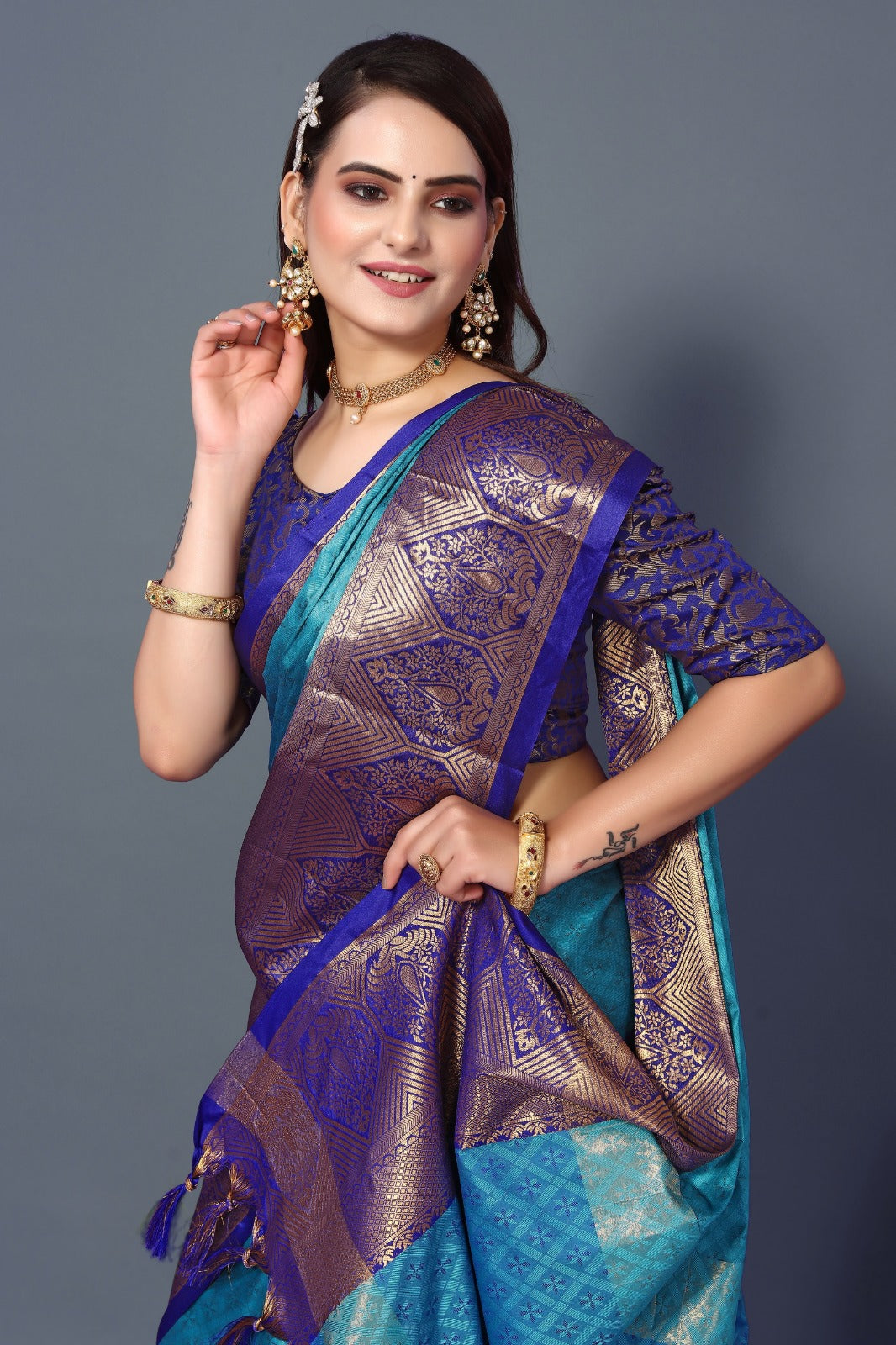 Sky Blue Golden Design Marvel Cotton Silk Saree