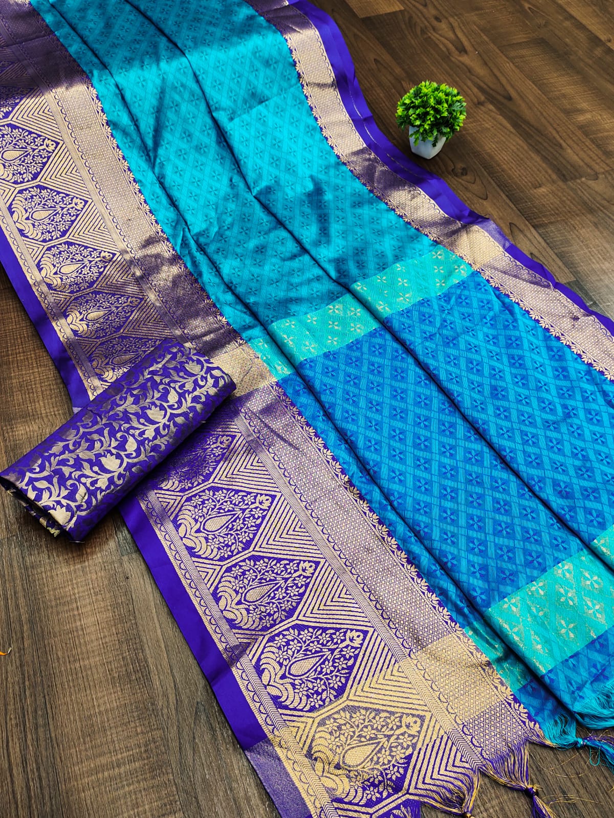 Sky Blue Golden Design Marvel Cotton Silk Saree