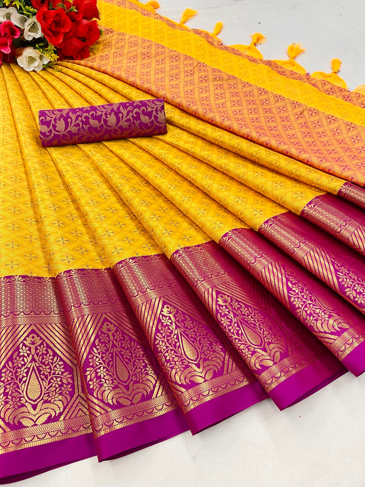 Yellow Dark Pink Golden Design Marvel Cotton Silk Saree