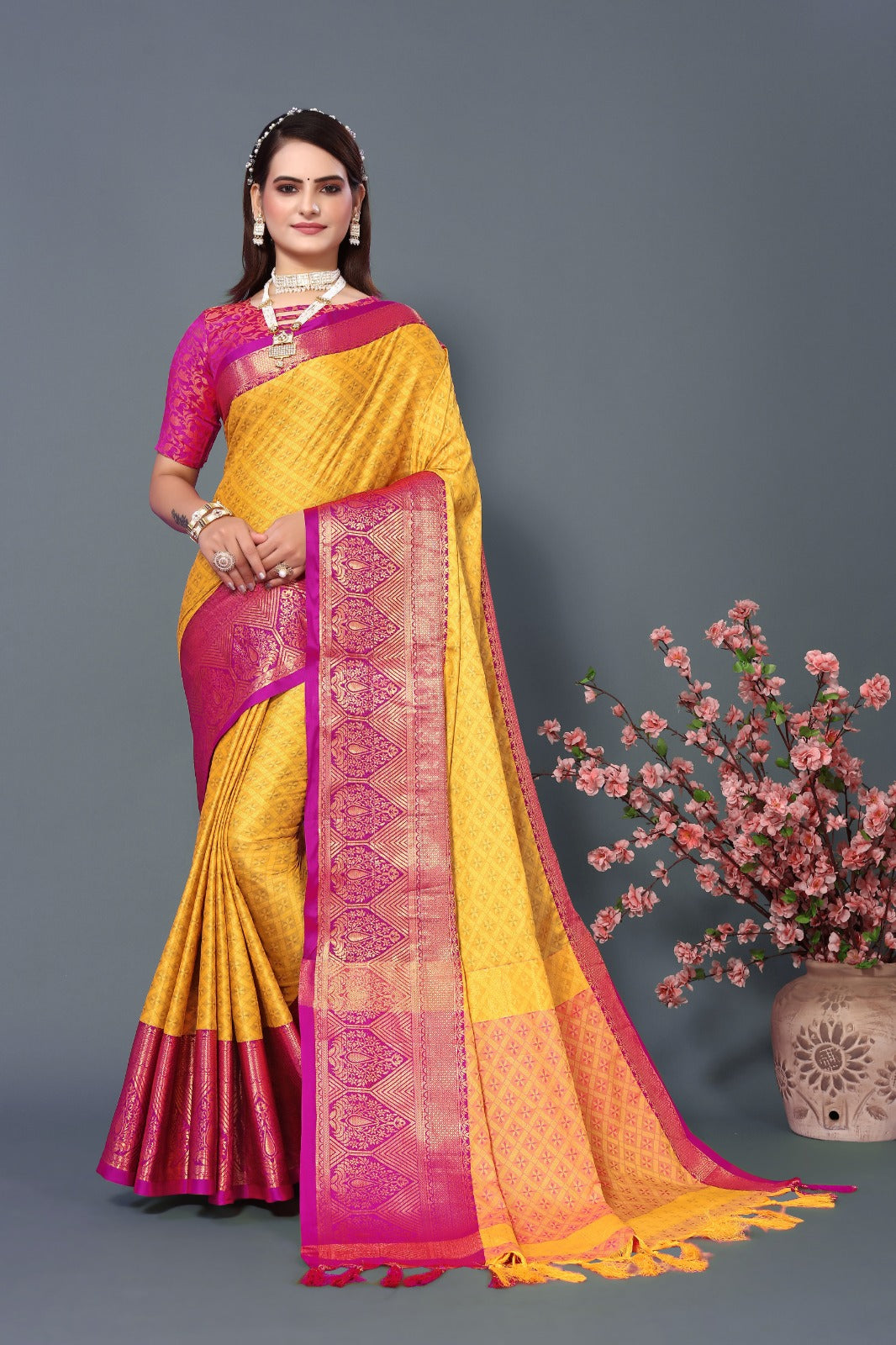 Yellow Dark Pink Golden Design Marvel Cotton Silk Saree