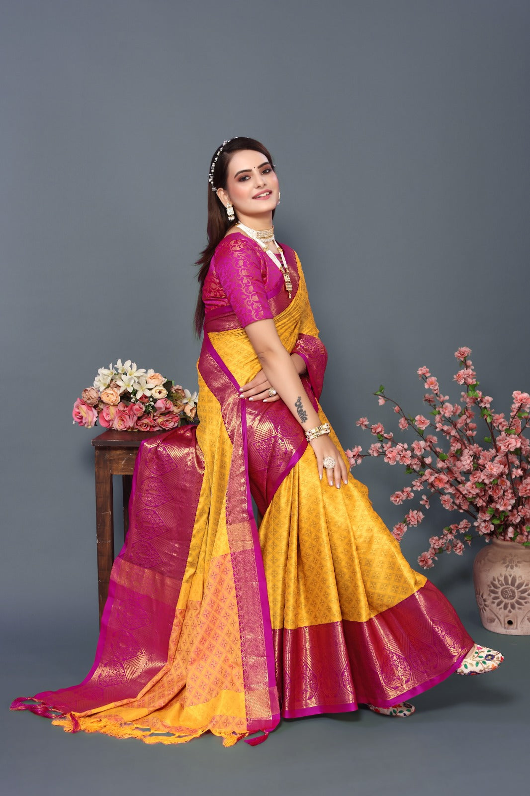 Yellow Dark Pink Golden Design Marvel Cotton Silk Saree