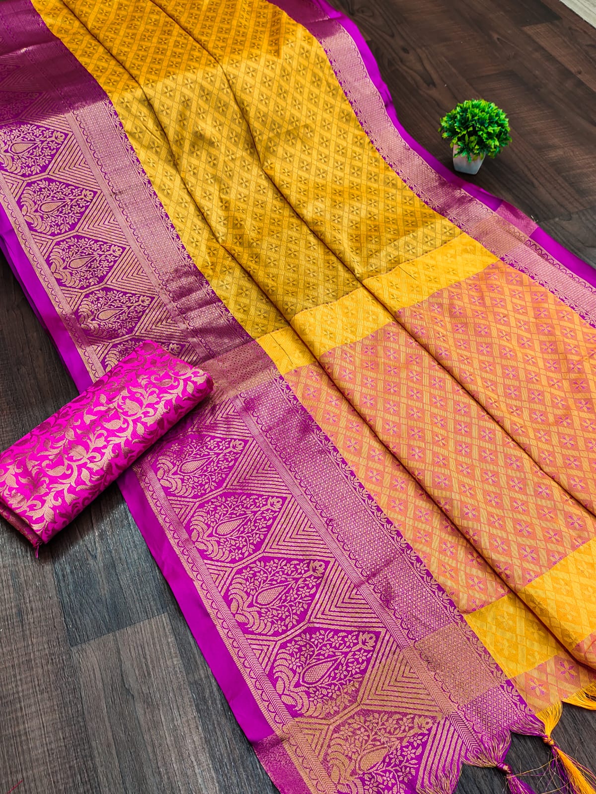 Yellow Dark Pink Golden Design Marvel Cotton Silk Saree