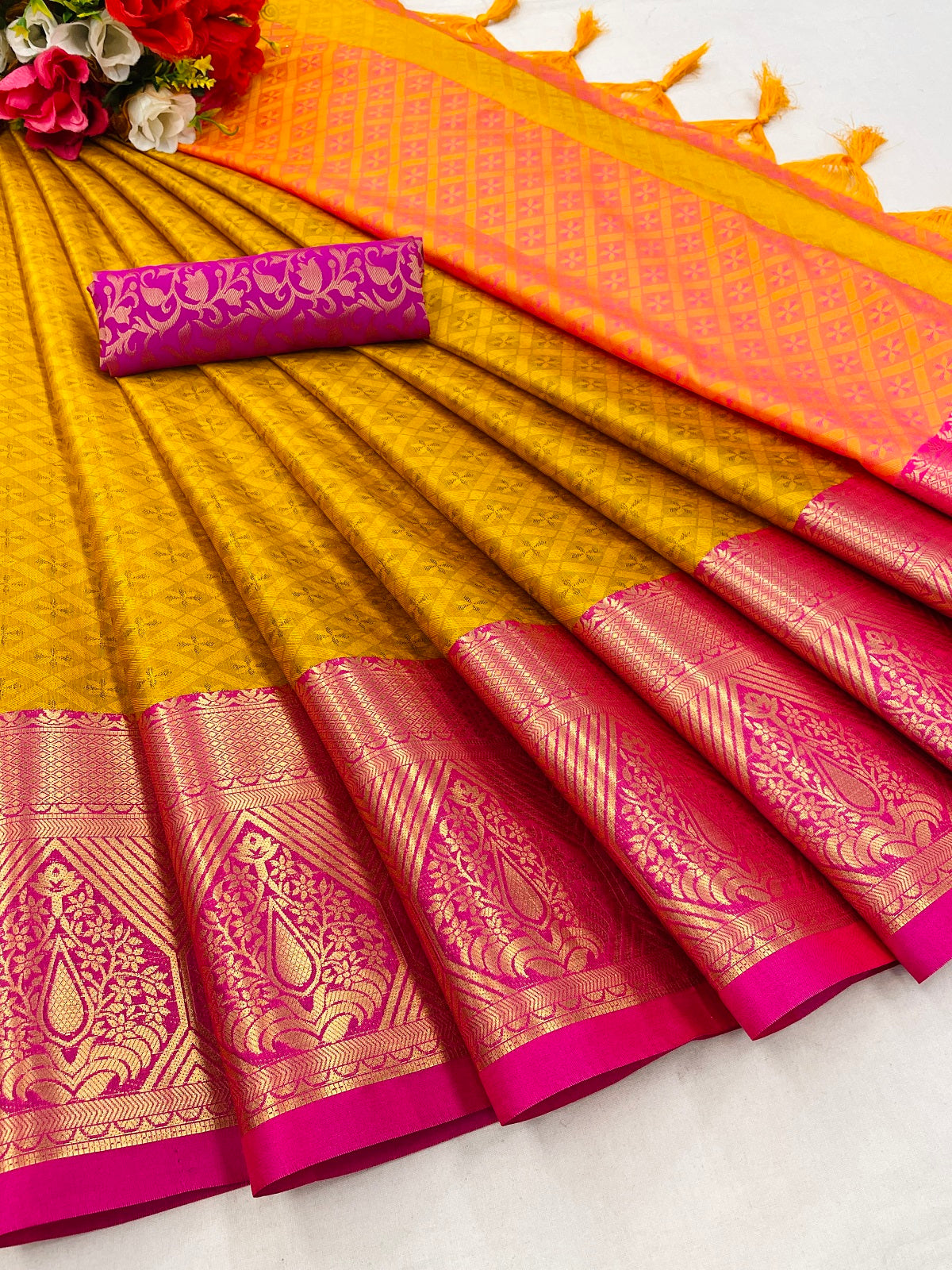 Yellow Light Pink Golden Design Marvel Cotton Silk Saree